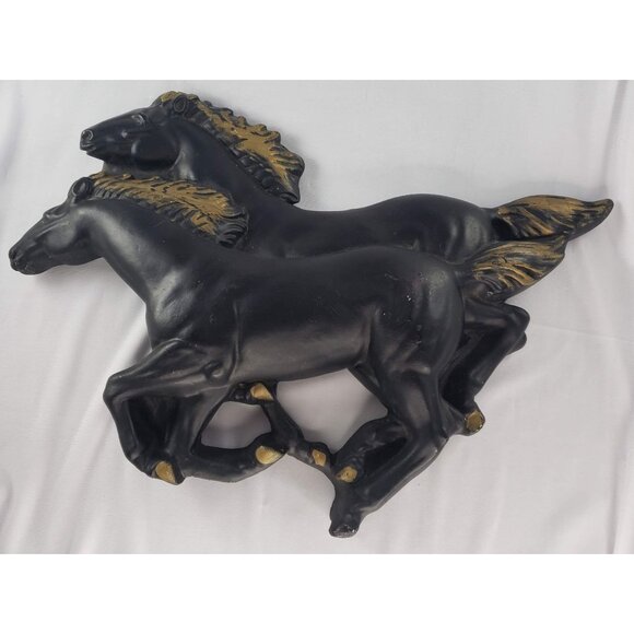 Vintage Chalkware Running Black Gold Horses Western Wall Hanging MCM - Picture 2 of 8